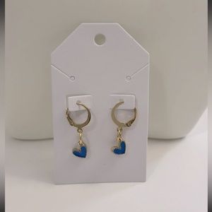 Huggie Hoop Leverback Earrings with Blue Heart drop charms 24K Gold Plated